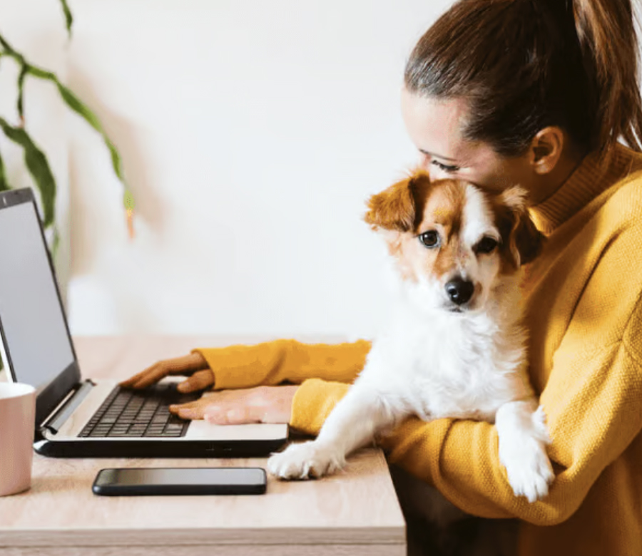 Woman sits with a dog on her lap while she uses her laptop.