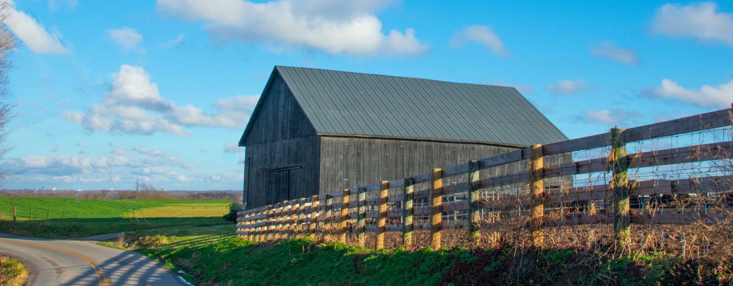 Country road with barn in Richmond, Kentucky. 