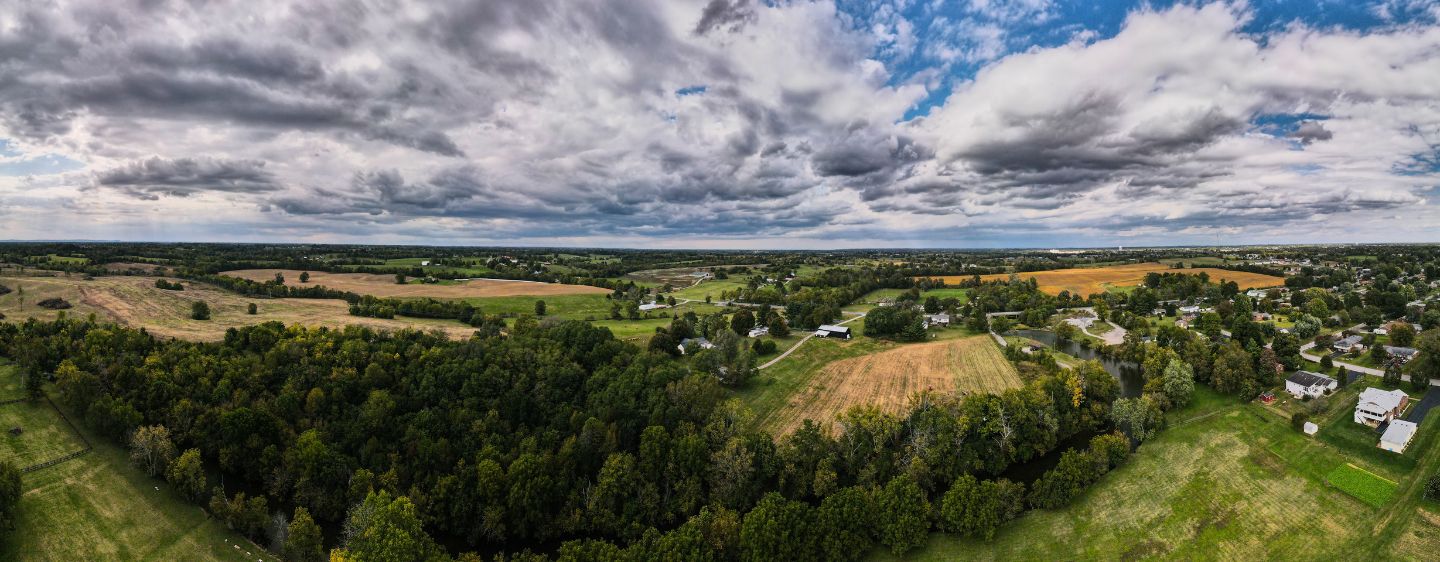 Aerial of Harrodsburg, Kentucky near Salt River bend. 