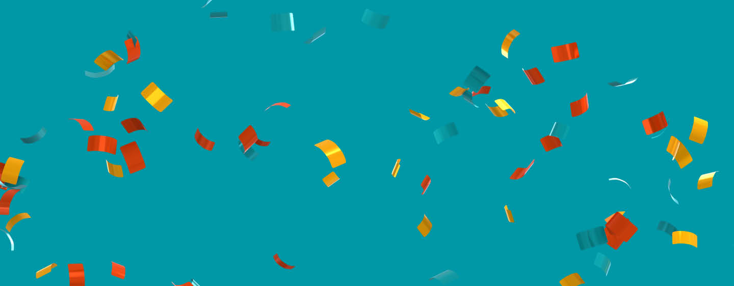 Graphic image of confetti falling in front of a teal background.