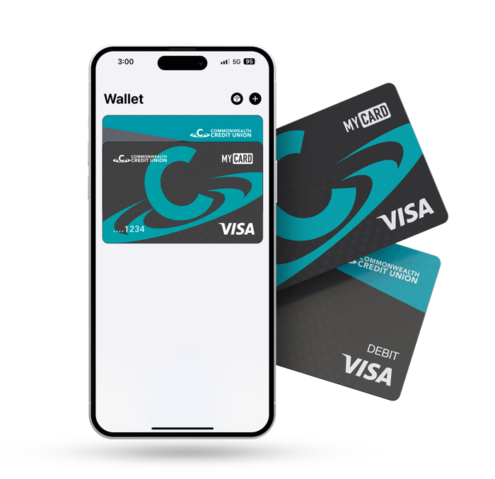 Image of mobile wallet on a phone with a My Card and Commonwealth Debit card behind it