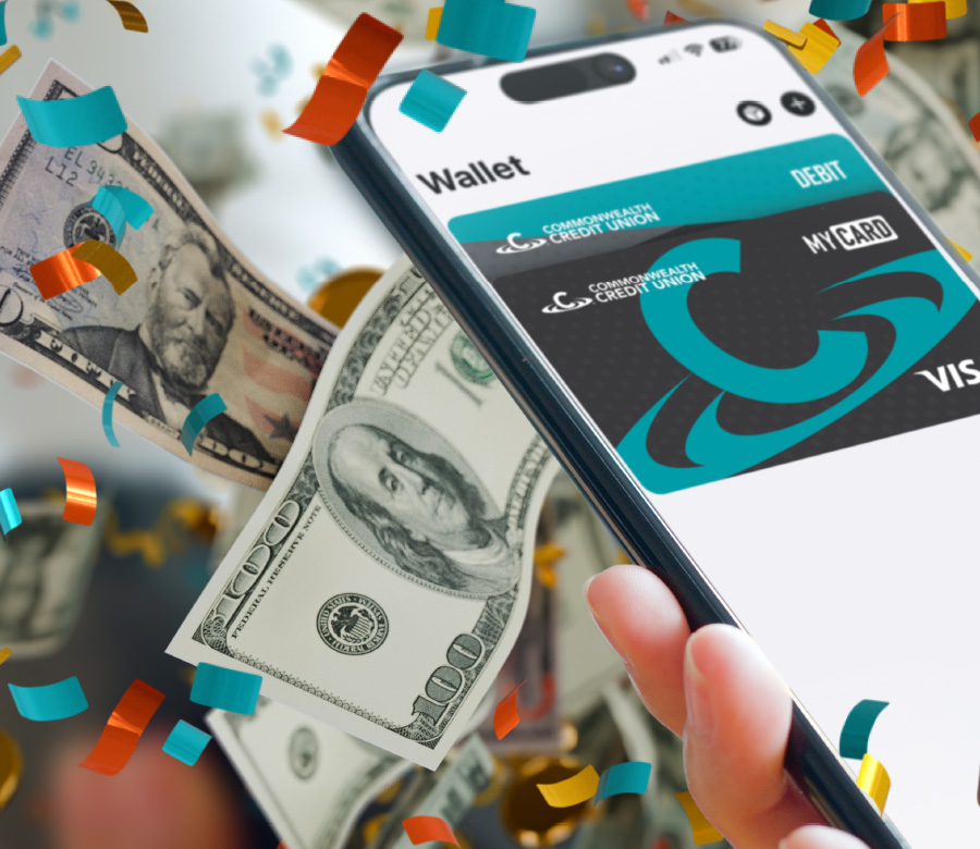 Image of someone using their mobile wallet with money floating in the background.